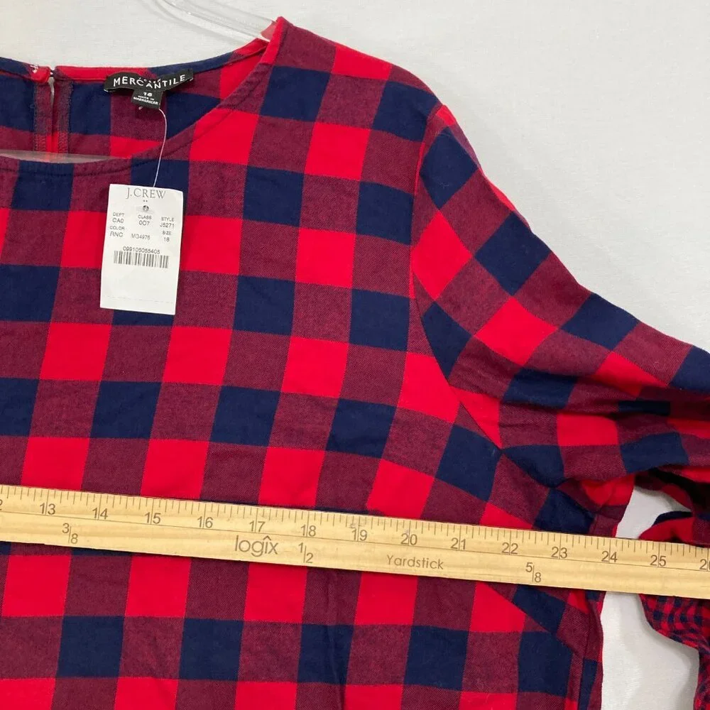 New J. Crew size 18 Blue Red Plaid Crew Neck Light Flannel Cotton Blouse‎ Preppy